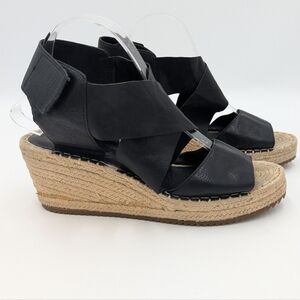 Eileen Fisher Willow Black Tumbled Leather Crisscross Espadrille Wedge 9.5